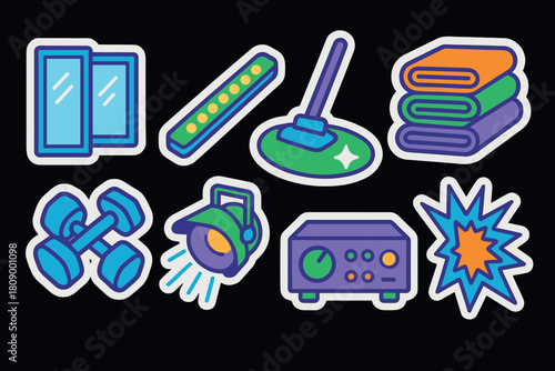 Colorful cleaning and fitness equipment stickers on black background