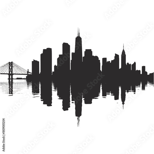 Silhouette of a city skyline isolated on, showcasing various skyscrapers and buildings, creating a striking contrast against the bright backdrop