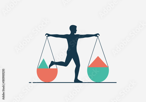 Silhouette of a balancing figure with geometric shapes in minimalist design