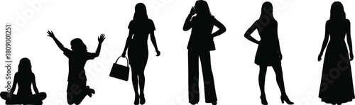Vector collection of woman silhouettes showing different lifestyle poses from sitting and jumping to walking and standing in fashion dresses