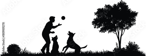 Man playing with dogs in park silhouette vector showing owner throwing ball for pets under tree isolated on white background