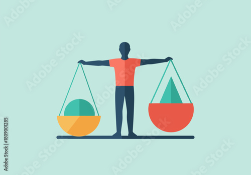 Person balancing geometric shapes in modern flat design on light background