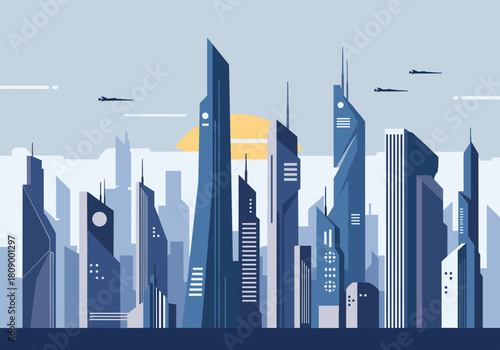 Futuristic skyline design with airplanes at sunset in blue tones