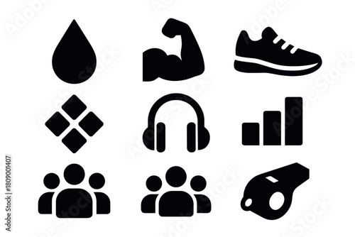 Silhouette icons of fitness and sports elements for health and wellness