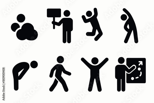 Set of black stick figures in various activities and poses