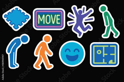 Colorful neon stickers of abstract figures and icons on black background