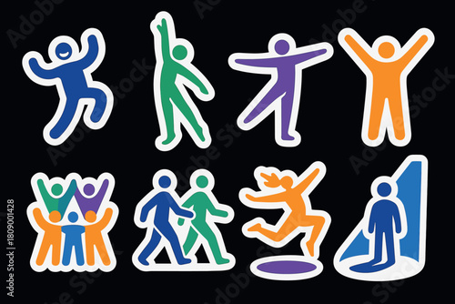 Colorful abstract figures in dynamic dance and movement shapes on black