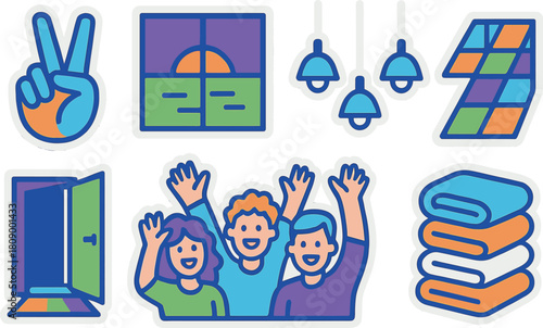 Vibrant symbol collection with peace sign, global teamwork, and sustainability elements