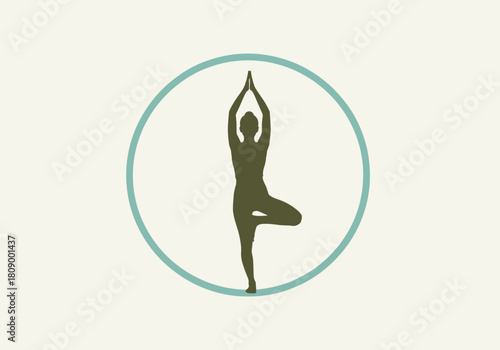 Yoga pose silhouette: tree pose in minimalist circle design for wellness themes