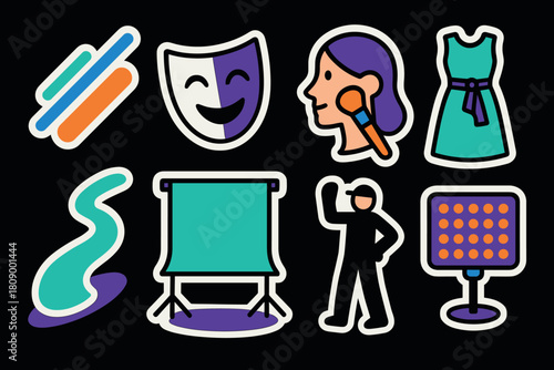 Theater and fashion icons set: drama masks, makeup, and studio silhouettes