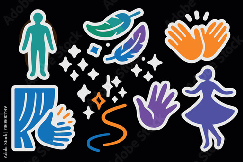 Colorful abstract symbols with dance and nature elements on black background