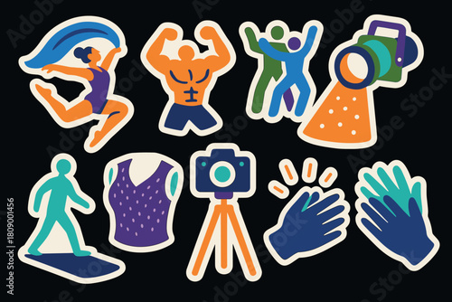 Colorful sticker set with people in dynamic poses and accessories on black background