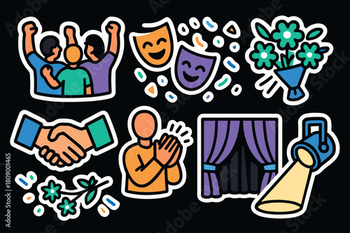 Colorful theater icons and celebration symbols on black background