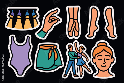Colorful dance and ballet stickers with diverse icons on dark background