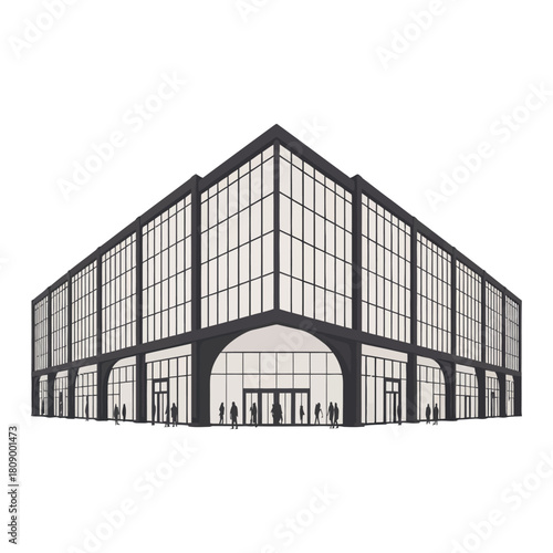 A modern architectural marvel isolated on, showcasing a grand building with a symmetrical design and large windows, creating a sense of openness