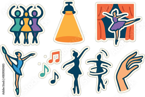 Colorful dance and ballet stickers with musical and theater elements