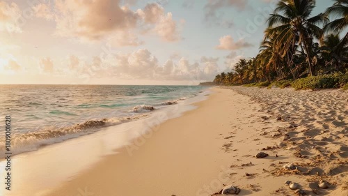 Serene Tropical Beach at Sunset, Ideal for Relaxation and Travel Posters