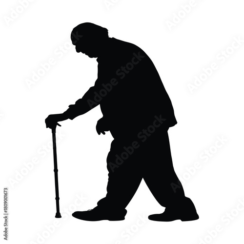 Silhouette of an elderly man walking with a cane isolated on, depicting aging, support, and mobility challenges in later life