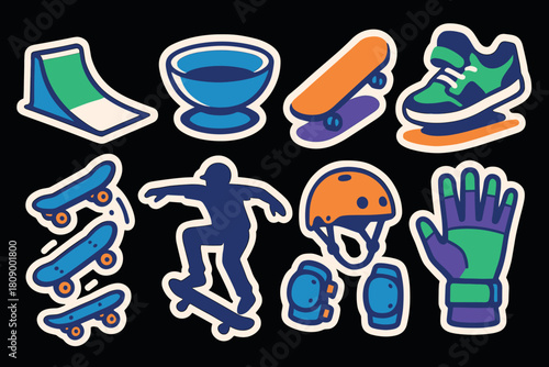 Vibrant skateboarding stickers: decks, tricks, gear, and ramps