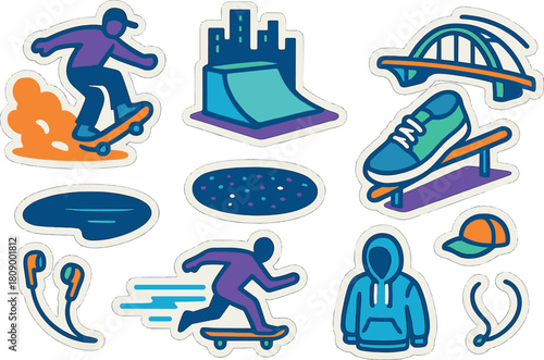 Retro skater icons: vibrant urban skateboarding graphics set with bold outlines