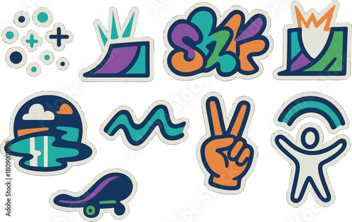 Vibrant urban stickers collection with graffiti and street art motifs