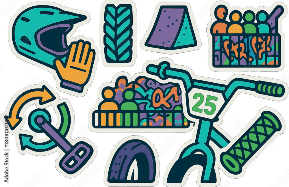 Fototapeta premium Bmx racing sticker set featuring bike, helmet, and gear in vibrant colors