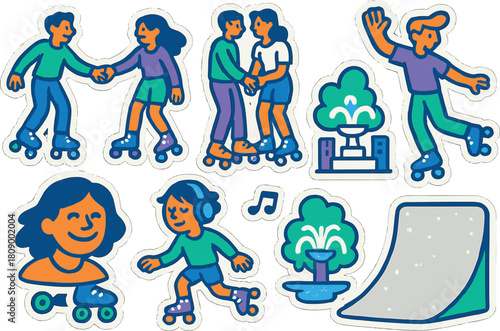 Retro roller skating stickers with playful characters and dynamic urban scenes