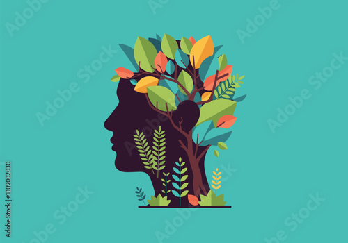 Nature and mind concept: human silhouette with vibrant foliage