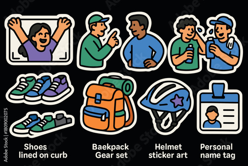 Collection of colorful sticker style icons: people, accessories, and gear