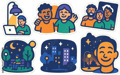 Cheerful cartoon stickers with people and cityscapes in bright colors