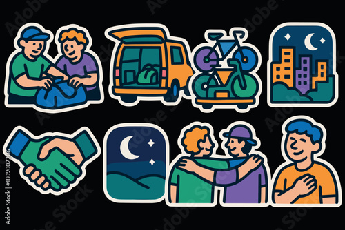 Colorful adventure elements: night travel, friendship, outdoor leisure, cityscape, moonlit scenes