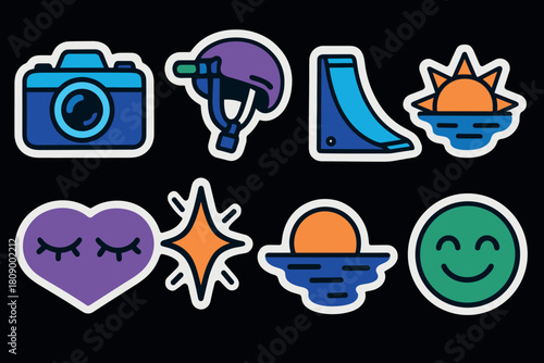 Colorful sticker set with camera, helmet, skate ramp, sun, heart, star, and smile designs