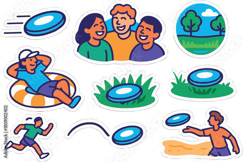 Summer fun with friends and frisbee games in cartoon sticker style