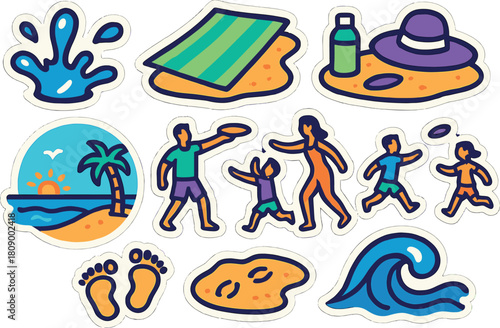 Colorful beach stickers with family, waves, and summer fun elements