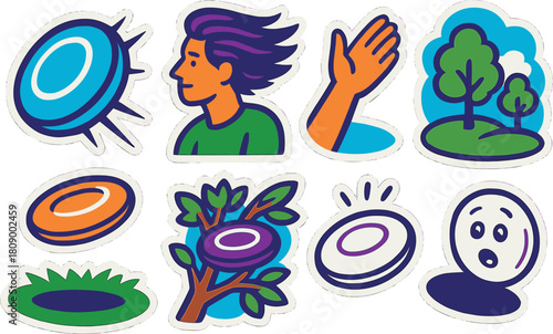 Stylized frisbee activity icons with bold colors and playful designs