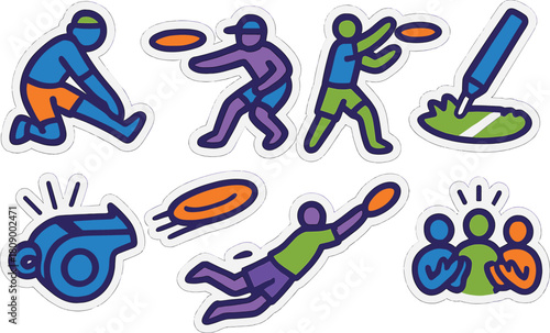 Dynamic sports icons featuring ultimate frisbee activities in bold outline style