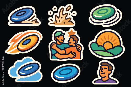 Playful frisbee and nature icons with colorful cartoon style designs