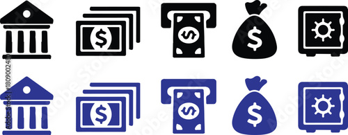 money management bule black icons set collection vector design art