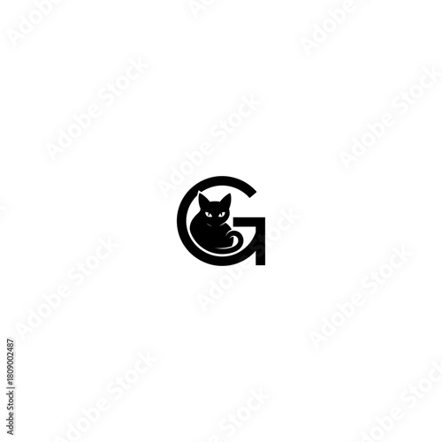 Black cat silhouette within letter g logo on white background