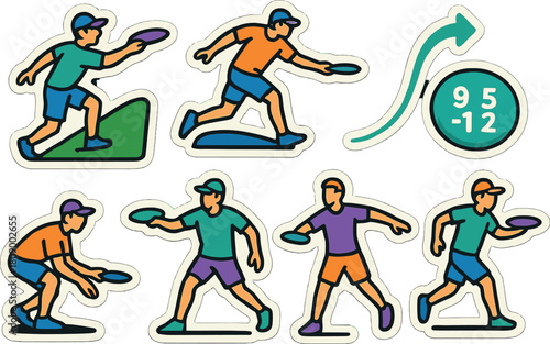 Disc golf stickers set featuring colorful players and disc dynamics in retro style