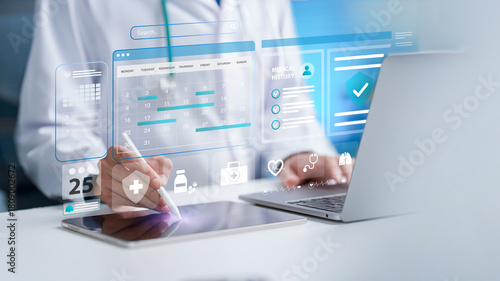 Medical checkup as annual doctor health test appointment concept. Medical worker with virtual digital calendar on laptop for plan treatment patient and follow up in hospital. Time management. schedule
