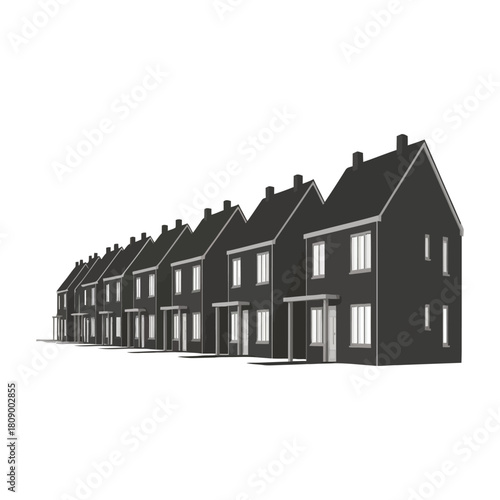 Row of identical houses isolated on, depicting a typical suburban neighborhood with repetitive architectural design and uniform appearance