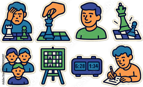 Colorful chess icons set: players, board, pieces, and timer in sticker style