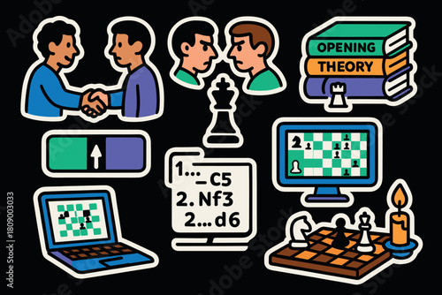 Colorful chess strategies collection with icons of players, boards, and books
