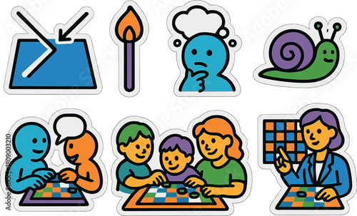 Colorful strategy game icons: education, family, and thinking in playful cartoon style