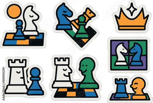 Colorful chess pieces sticker set featuring knight, rook, and pawn in modern geometric style