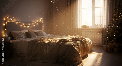 3d icon of cozy bedroom decorated with christmas lights and a christmas tree creating a festive atmosphere