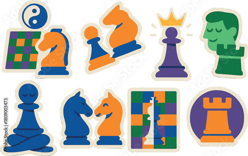 Colorful chess pieces stickers with textured grunge effect on grey background