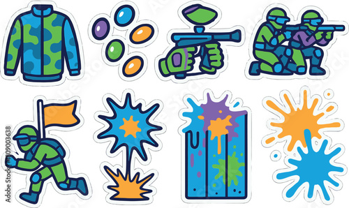 Colorful paintball stickers set with players, gear, and splashes