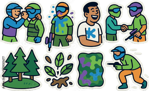 Colorful paintball game characters and elements in cartoon sticker style